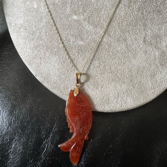 Estate translucent Rare Red Jadeite Carved Fish14k Necklace